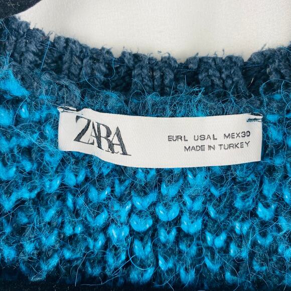 Zara Blue Houndstooth Chunky Blue Black Open Cardigan Size Large Slouchy Preppy - Picture 6 of 9